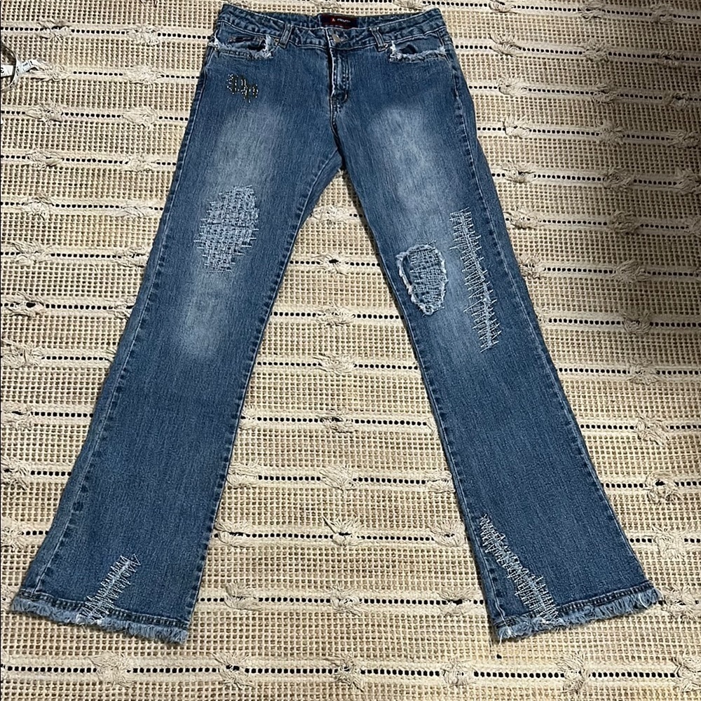 Blue Flare Wide Leg Jeans with Frayed Hem